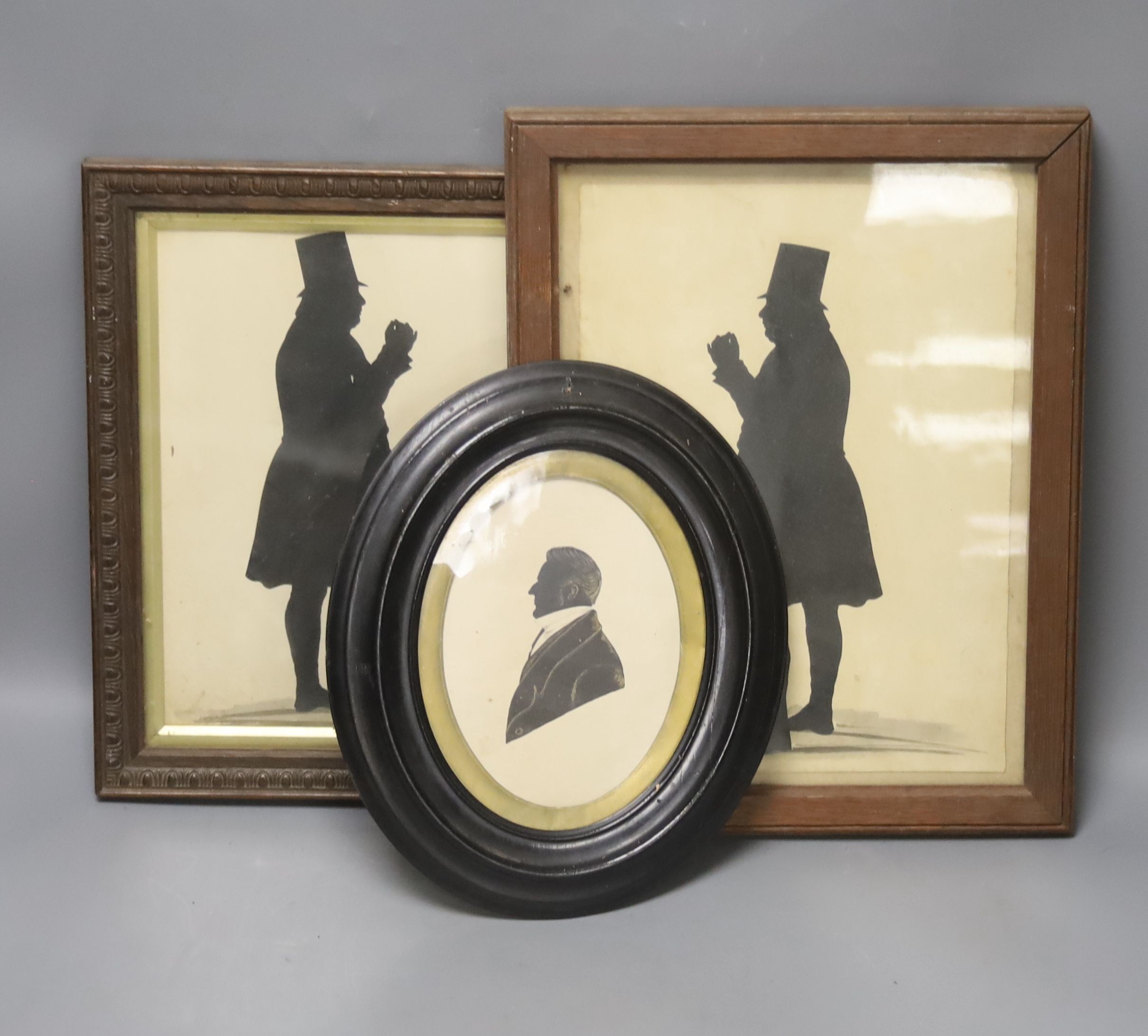 Hubbard Gallery, two full length silhouttes, two studies of Joseph King 1834, blind stamped, 28 x 20cm and 24 x 17cm, and an oval silhouette of Alexander Powell, 15 x 11cm